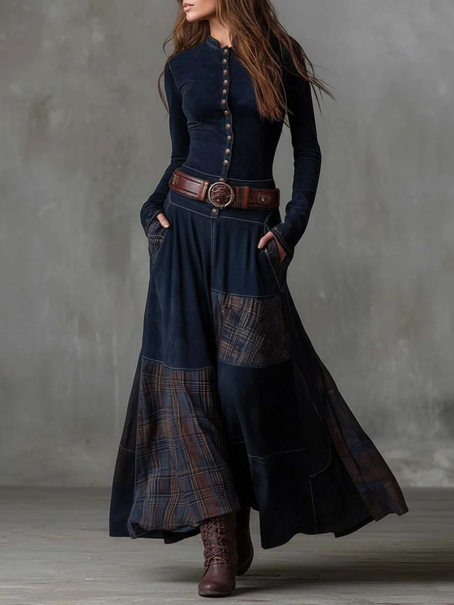 Navy Plaid Vintage Maxi Dress | Women's Dress 1