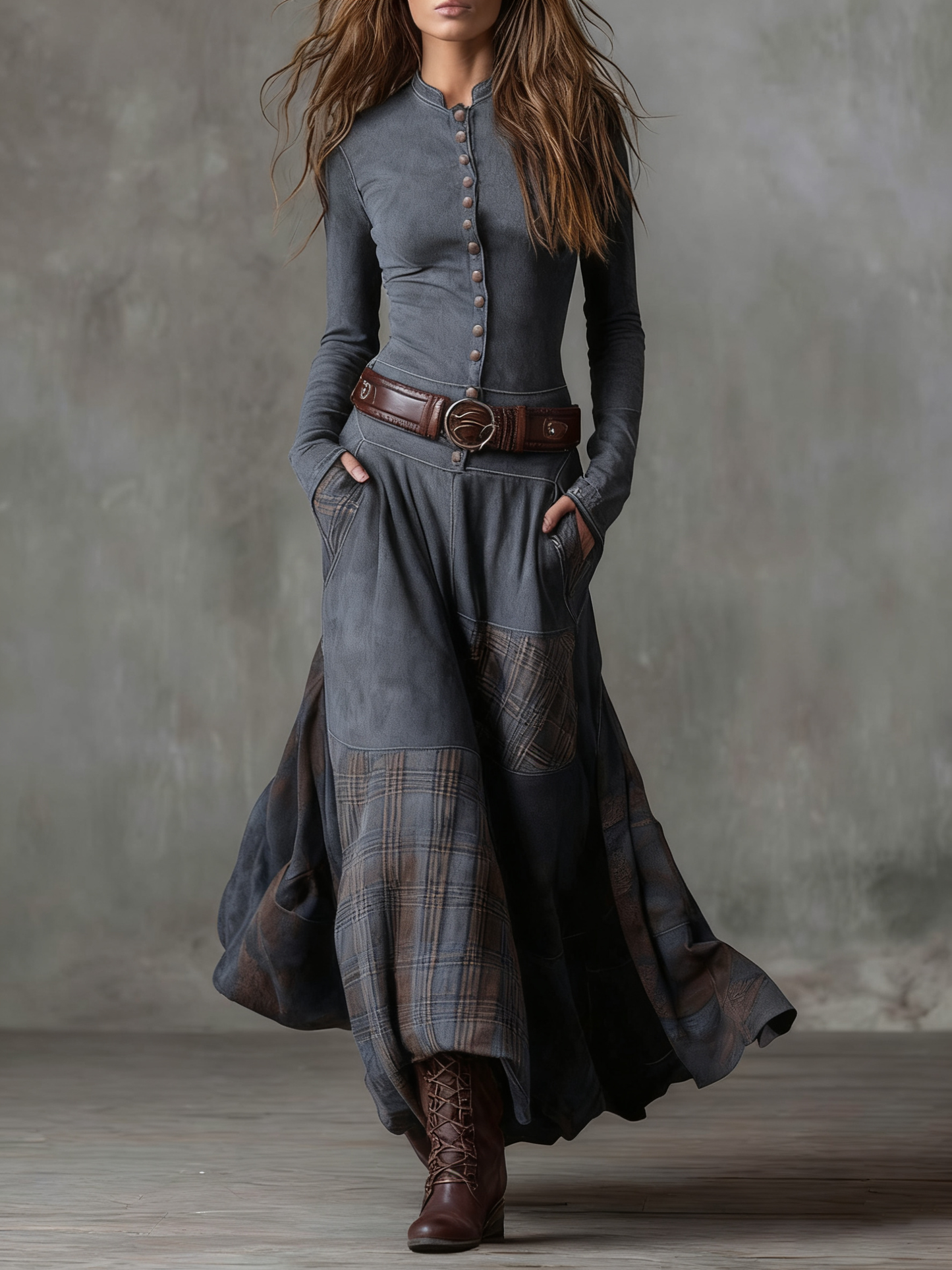 Navy Plaid Vintage Maxi Dress | Women's Dress 8
