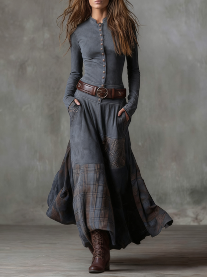 Navy Plaid Vintage Maxi Dress | Women's Dress 8