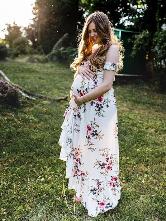 Maternity Chaps, Midi Dresses for Photoshoots, Floral Print, Bandeau Dress with Side Slit, White