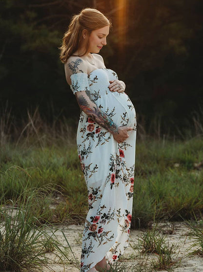 Maternity Chaps, Midi Dresses for Photoshoots, Floral Print, Bandeau Dress with Side Slit, White