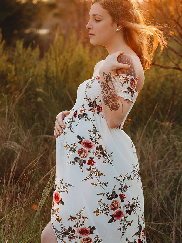 Maternity Chaps, Midi Dresses for Photoshoots, Floral Print, Bandeau Dress with Side Slit, White