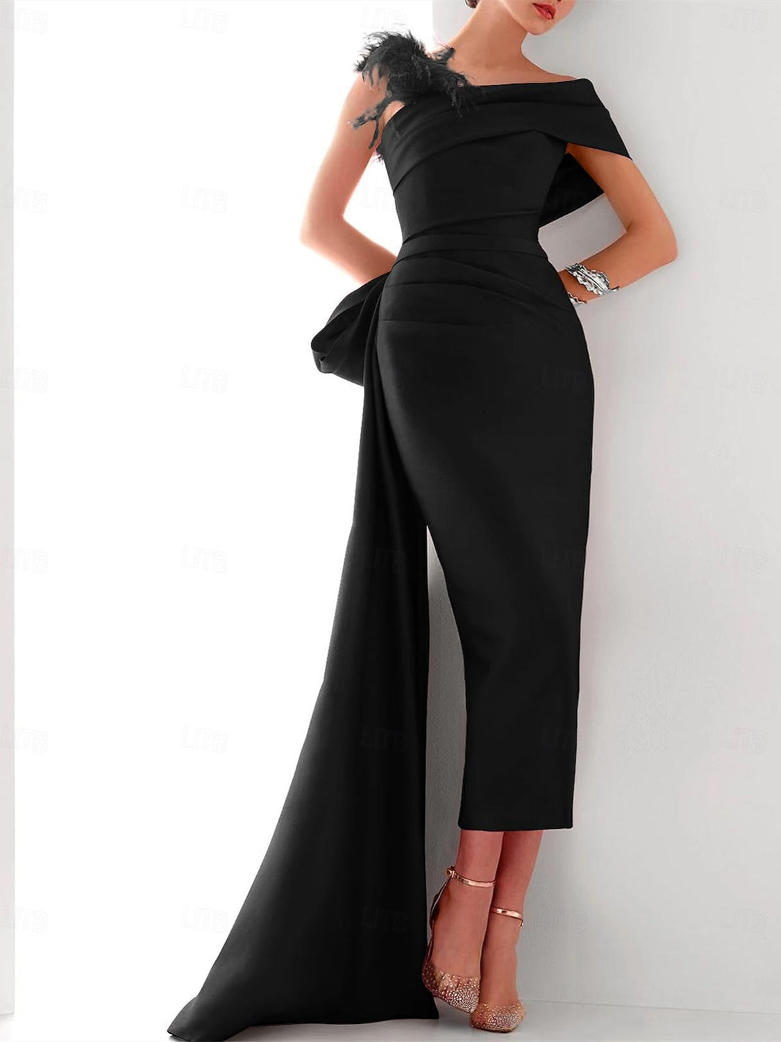 Elegant One Shoulder Satin Evening Gown with Feather Bow Detail for Formal Events 1
