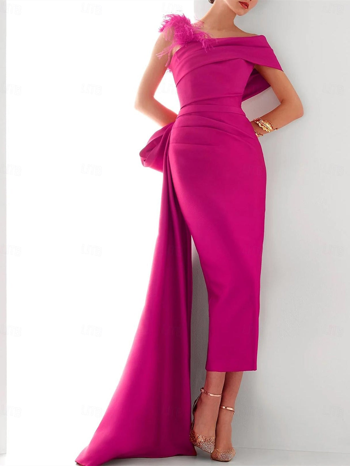 Elegant One Shoulder Satin Evening Gown with Feather Bow Detail for Formal Events 2