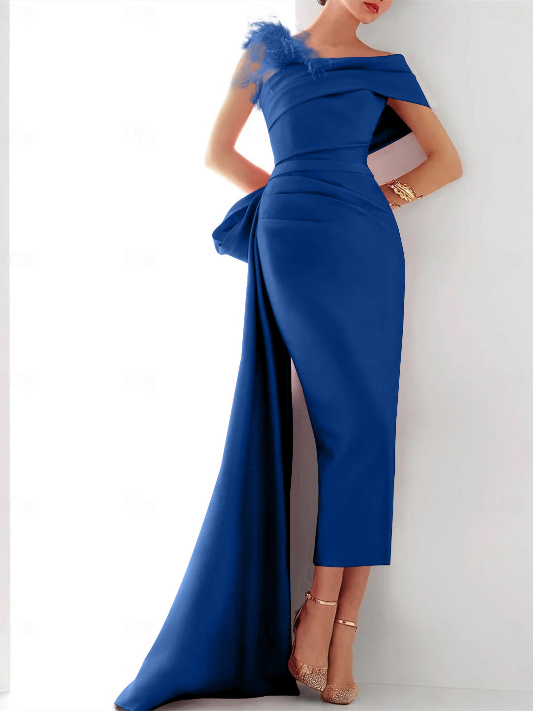 Elegant One Shoulder Satin Evening Gown with Feather Bow Detail for Formal Events 11