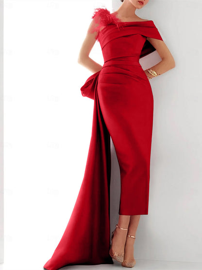 Elegant One Shoulder Satin Evening Gown with Feather Bow Detail for Formal Events 12