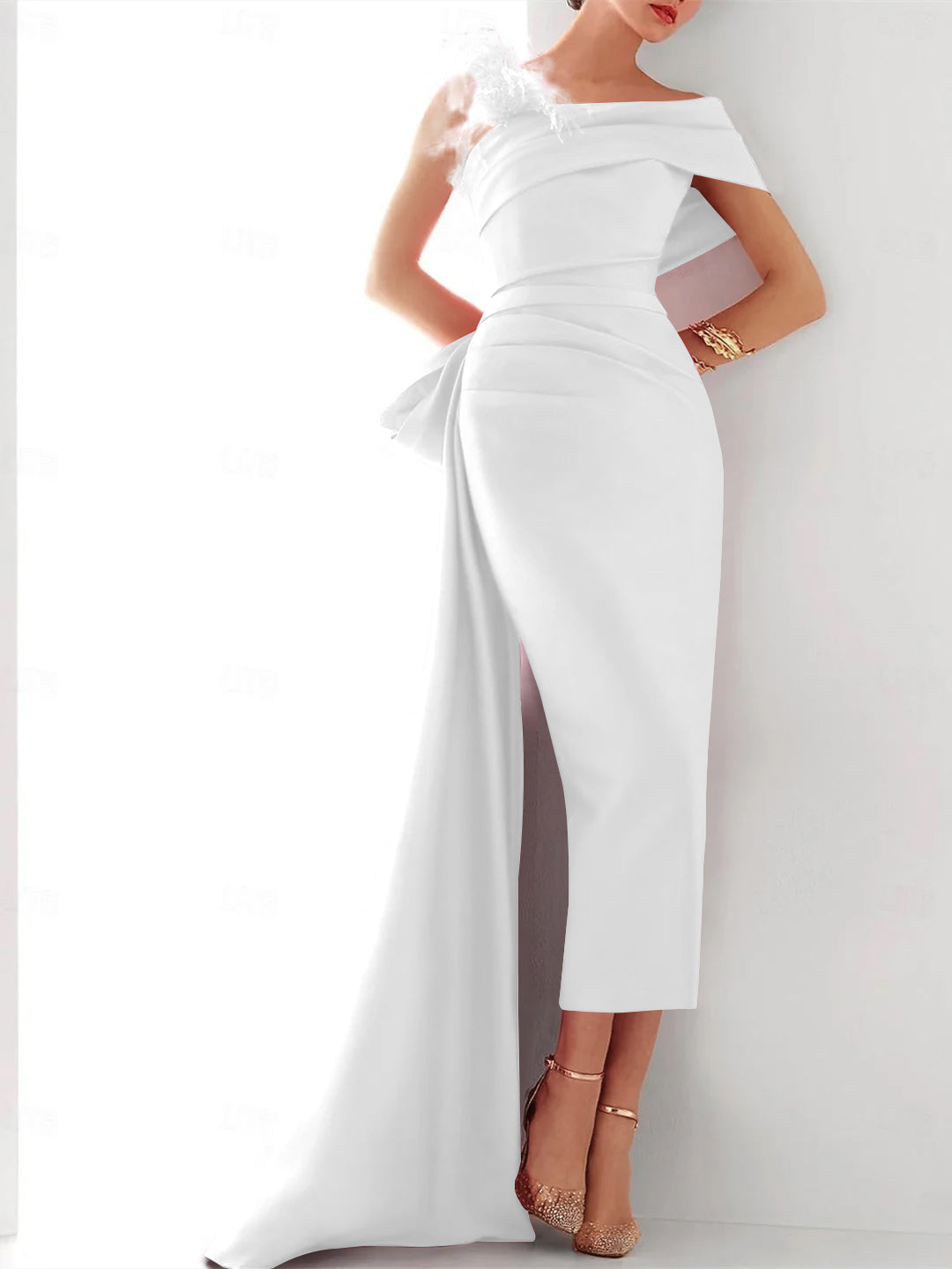 Elegant One Shoulder Satin Evening Gown with Feather Bow Detail for Formal Events 14