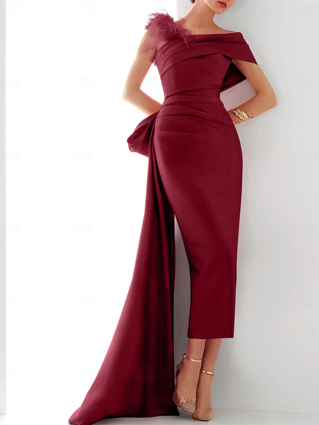 Elegant One Shoulder Satin Evening Gown with Feather Bow Detail for Formal Events 4
