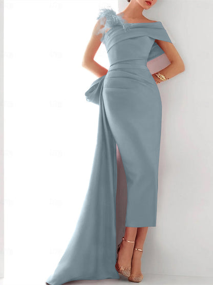 Elegant One Shoulder Satin Evening Gown with Feather Bow Detail for Formal Events 6