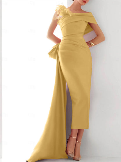 Elegant One Shoulder Satin Evening Gown with Feather Bow Detail for Formal Events 7