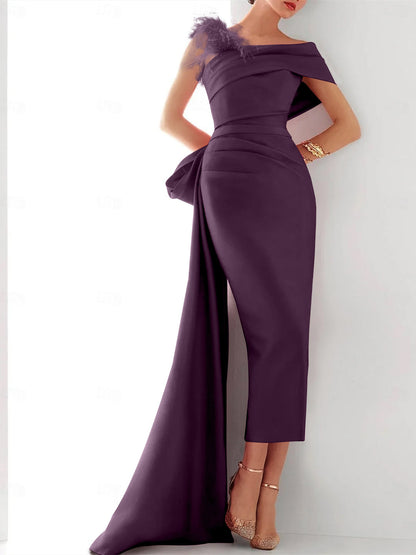 Elegant One Shoulder Satin Evening Gown with Feather Bow Detail for Formal Events 8