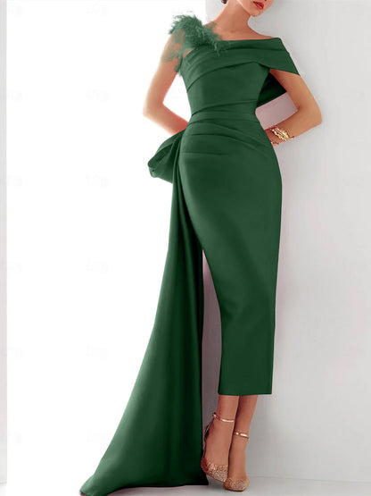 Elegant One Shoulder Satin Evening Gown with Feather Bow Detail for Formal Events 9