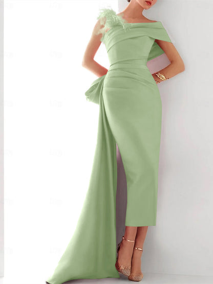Elegant One Shoulder Satin Evening Gown with Feather Bow Detail for Formal Events 10