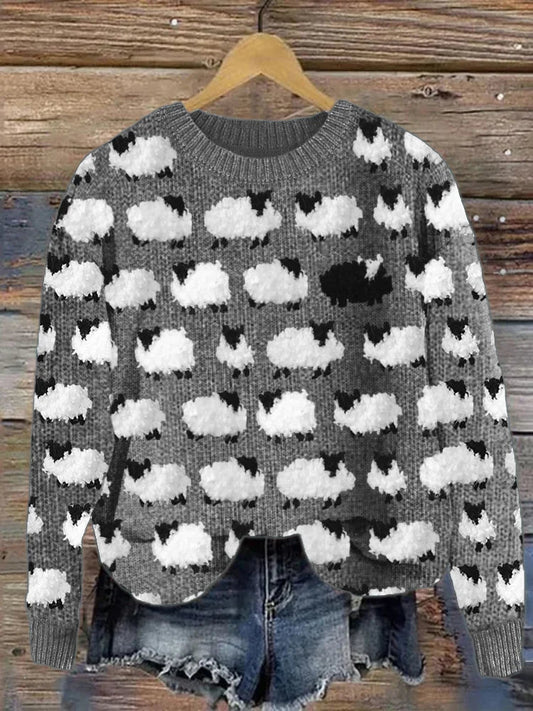 Sheep-Print Sweater | Casual Knit Top for Women 0