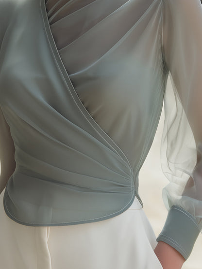 Sheer High-Neck Draped Blouse With Soft Pleated