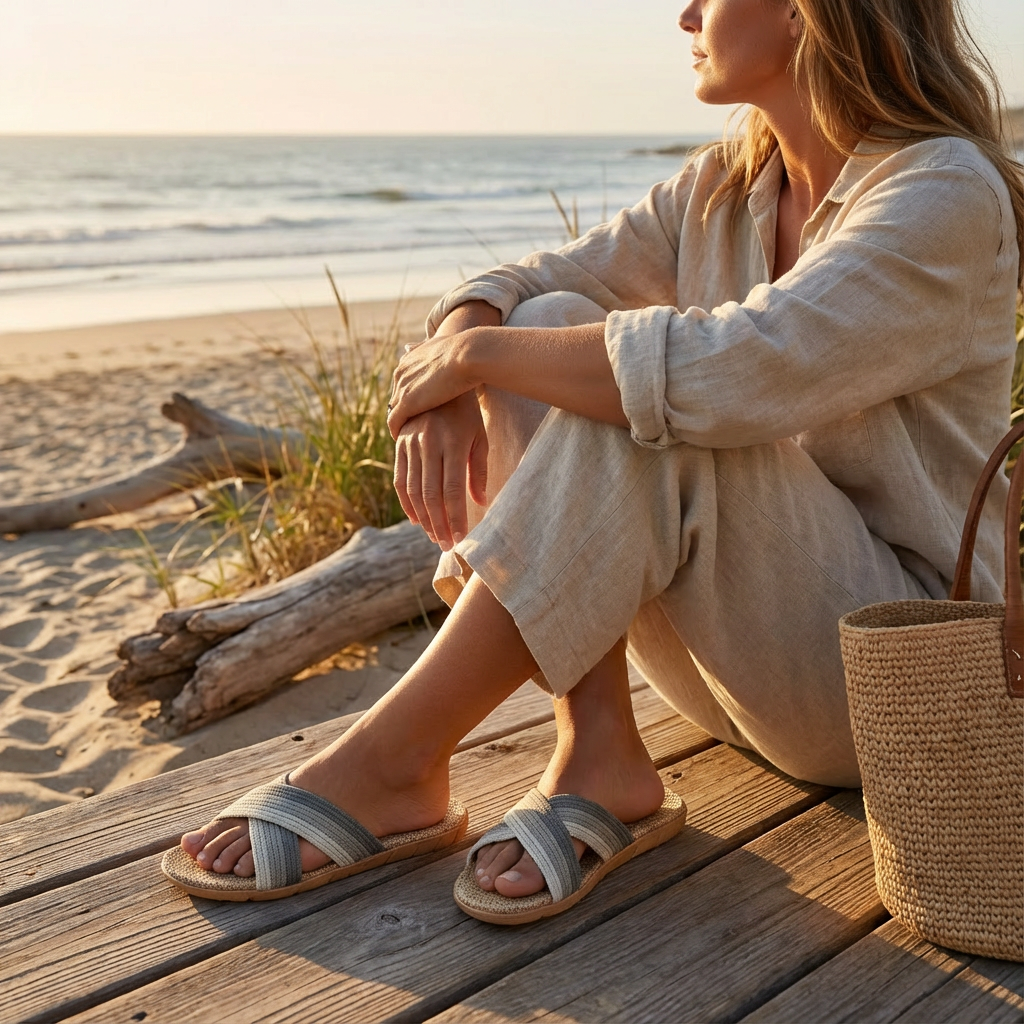 Sofia | Women's House Slippers with Crisscross Straps and Linen Insole | Natural