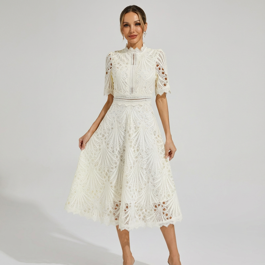 Sofia | Women's Midi Dress with English Embroidery and High Neck | Elegant