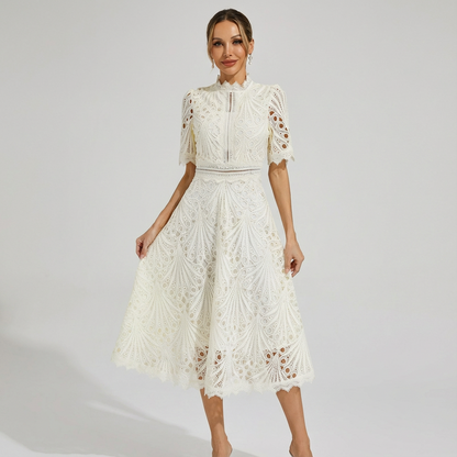 Sofia | Women's Midi Dress with English Embroidery and High Neck | Elegant