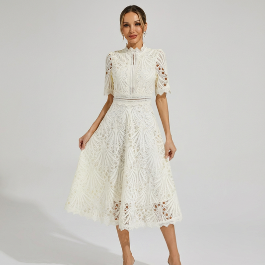 Sofia | Women's Midi Dress with English Embroidery and High Neck | Elegant