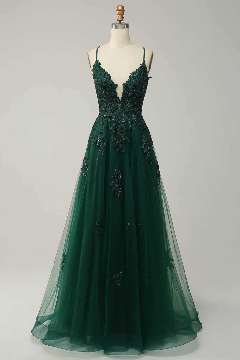 Stylish A-line ball gown with spaghetti straps and lacing - Julia
