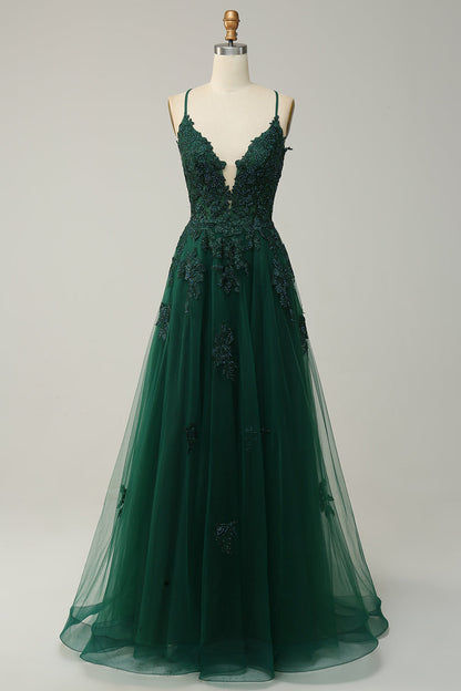 Stylish A-line ball gown with spaghetti straps and lacing - Julia
