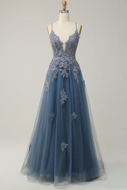 Stylish A-line ball gown with spaghetti straps and lacing - Julia