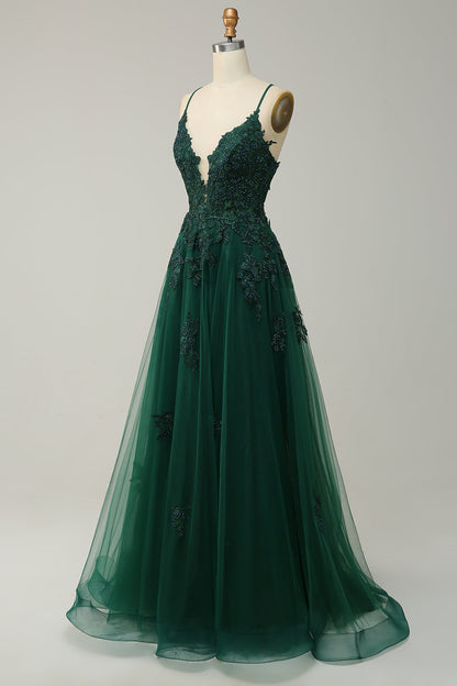 Stylish A-line ball gown with spaghetti straps and lacing - Julia