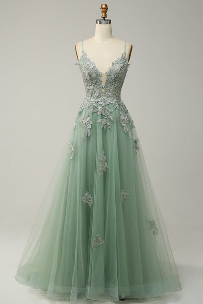 Stylish A-line ball gown with spaghetti straps and lacing - Julia
