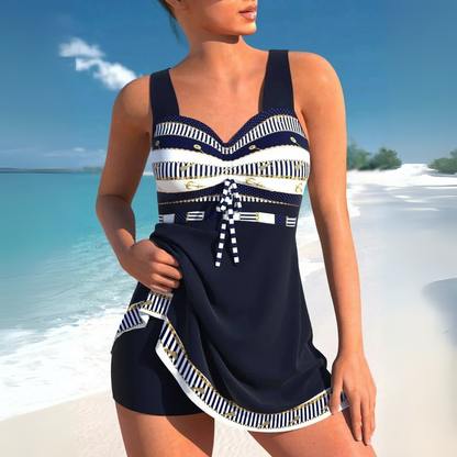 Tankini swim dress with Aztec print and ruffles for women