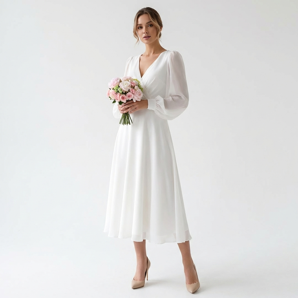 Valeria | Women's White Midi Dress with Bishop Sleeves and V-Neck | Bridal