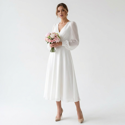 Valeria | Women's White Midi Dress with Bishop Sleeves and V-Neck | Bridal