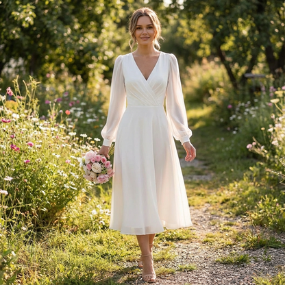 Valeria | Women's White Midi Dress with Bishop Sleeves and V-Neck | Bridal