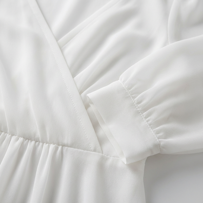 Valeria | Women's White Midi Dress with Bishop Sleeves and V-Neck | Bridal