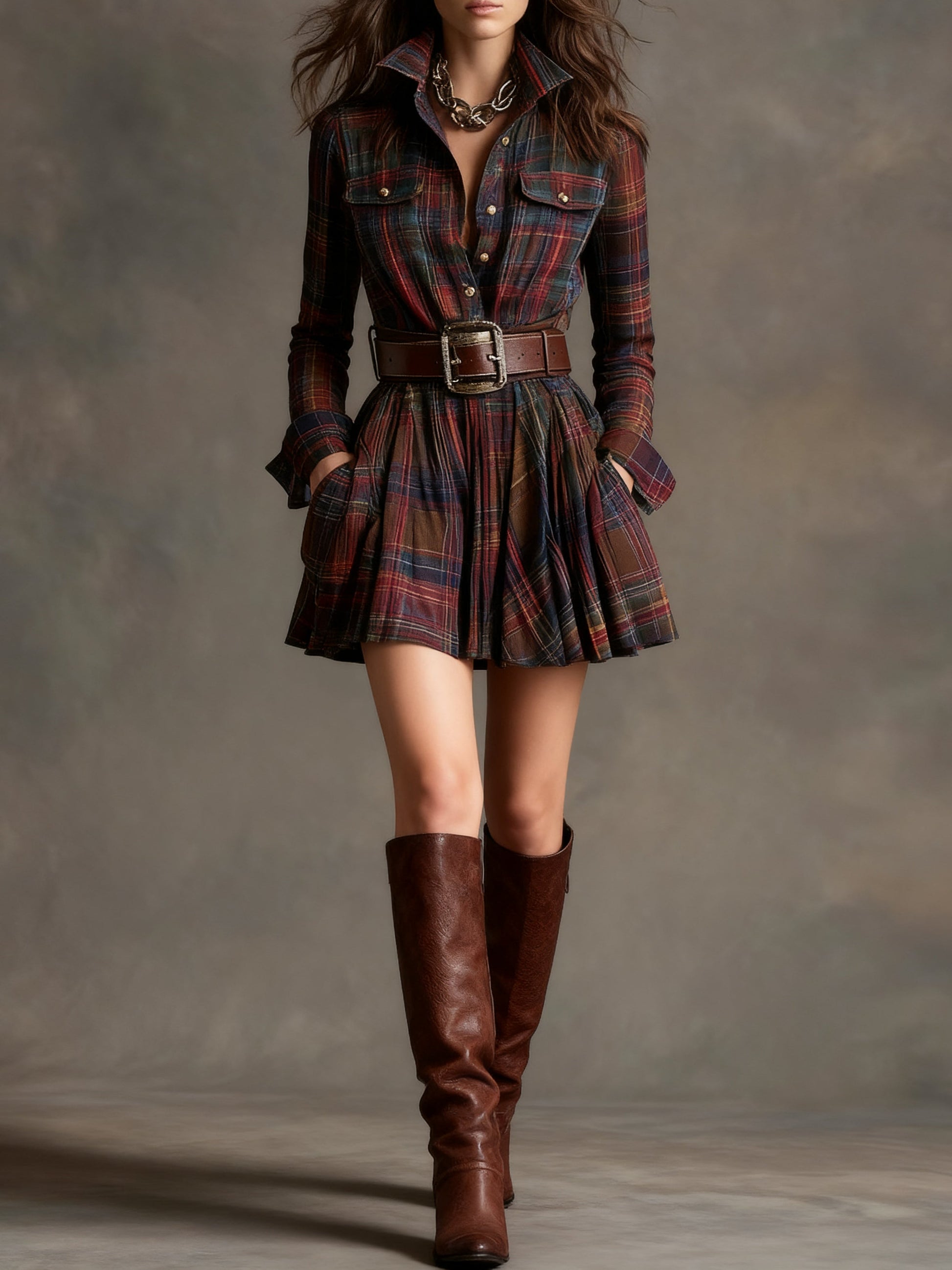 Vintage Plaid Mini Dress with Belt | Women's Casual Dress 0