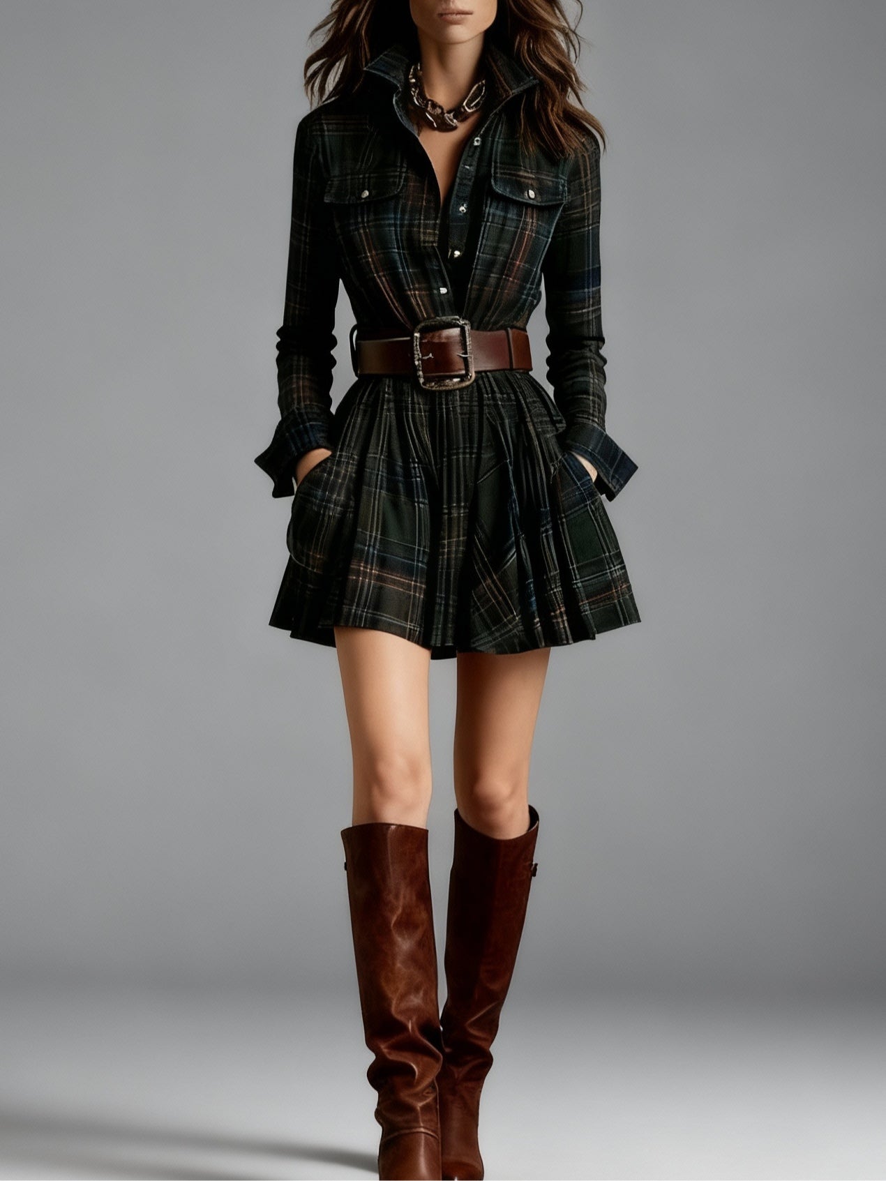 Vintage Plaid Mini Dress with Belt | Women's Casual Dress 1