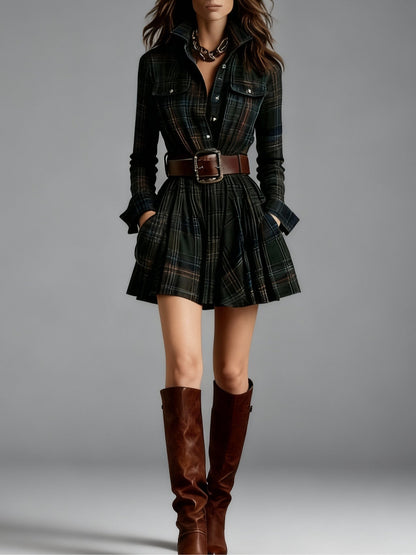 Vintage Plaid Mini Dress with Belt | Women's Casual Dress 1