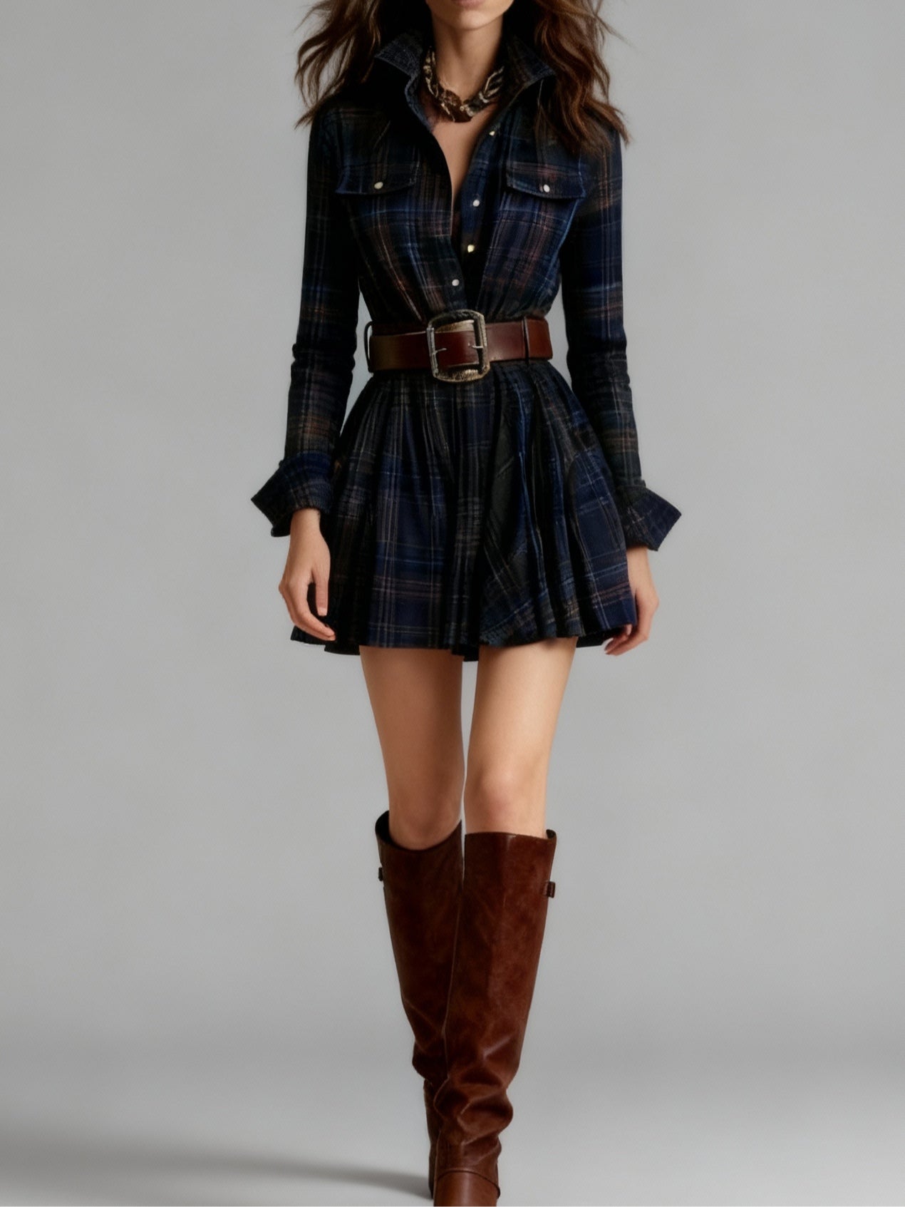 Vintage Plaid Mini Dress with Belt | Women's Casual Dress 2