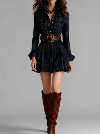 Vintage Plaid Mini Dress with Belt | Women's Casual Dress 2