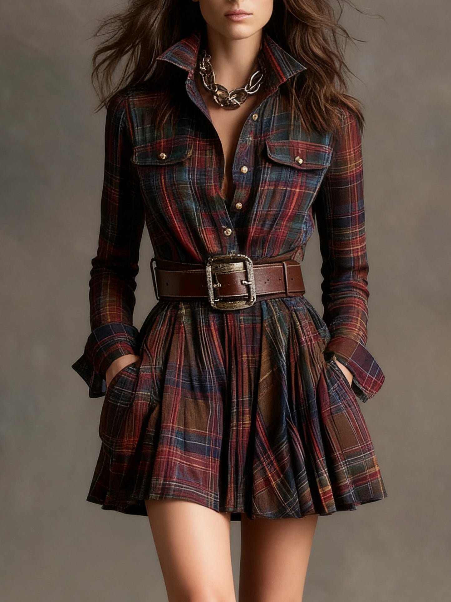 Vintage Plaid Mini Dress with Belt | Women's Casual Dress 4