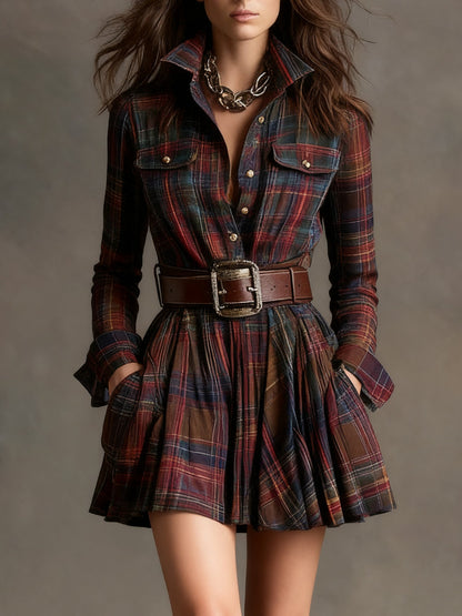 Vintage Plaid Mini Dress with Belt | Women's Casual Dress 4