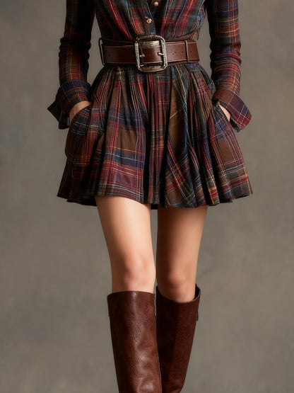 Vintage Plaid Mini Dress with Belt | Women's Casual Dress 5