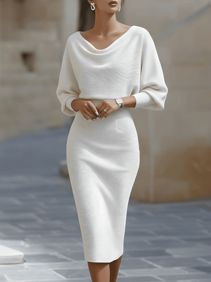 Elegant White Batwing Midi Dress | Women's Fashion Dress