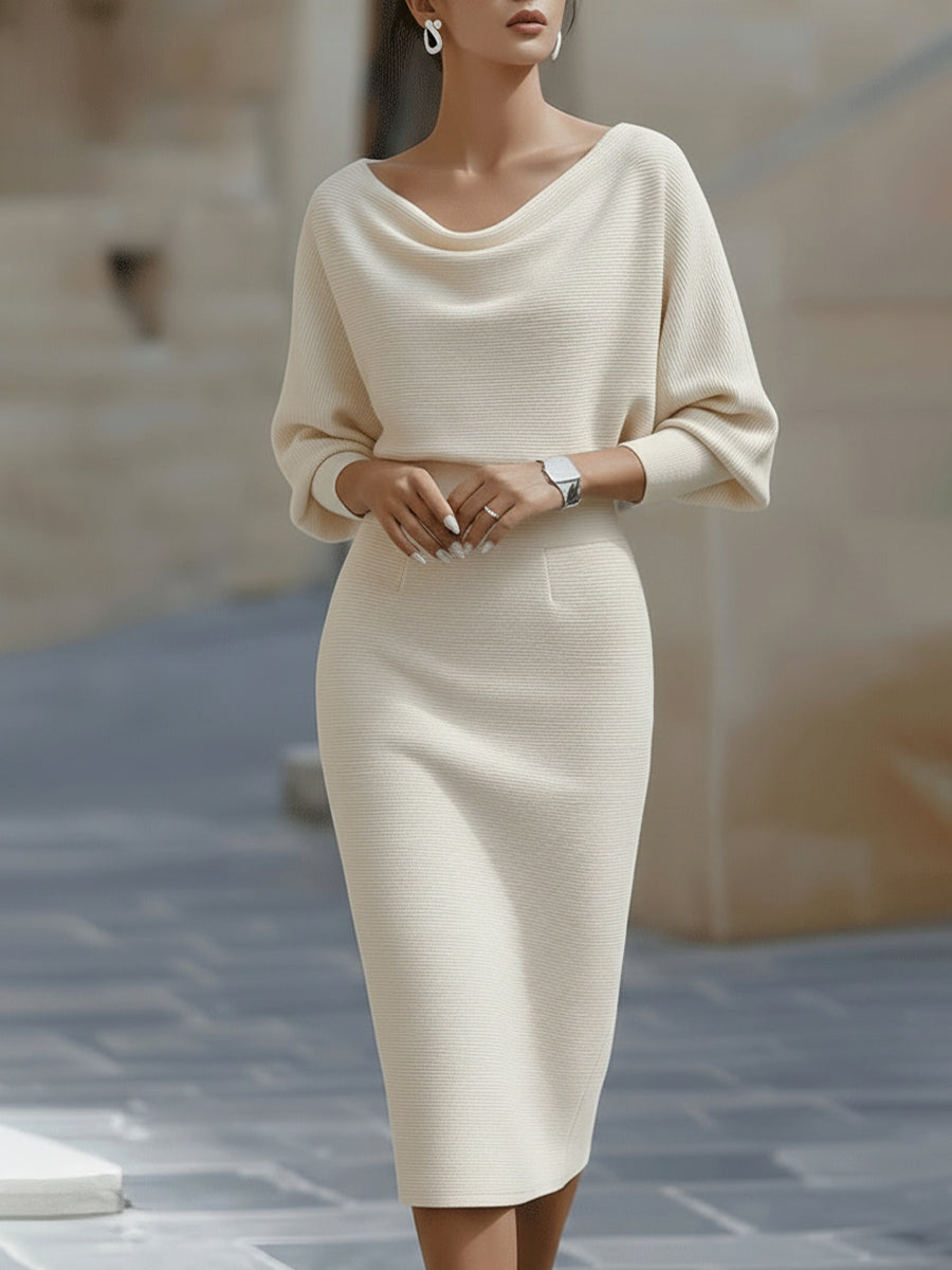 Elegant White Batwing Midi Dress | Women's Fashion Dress