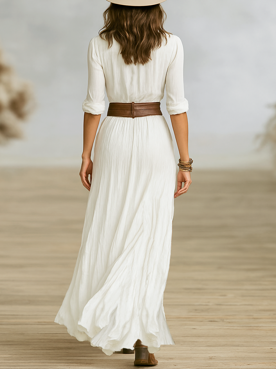 Elegant White Maxi Dress | Women's Pleated Long-Sleeve Design for Timeless Style 5