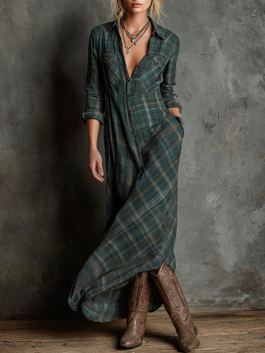 Chic Plaid Maxi Dress | Women's Dress with Lapel Collar & Flowy Silhouette for Elegant Casual Outings 1