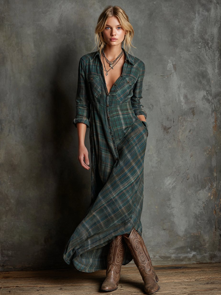 Chic Plaid Maxi Dress | Women's Dress with Lapel Collar & Flowy Silhouette for Elegant Casual Outings 2