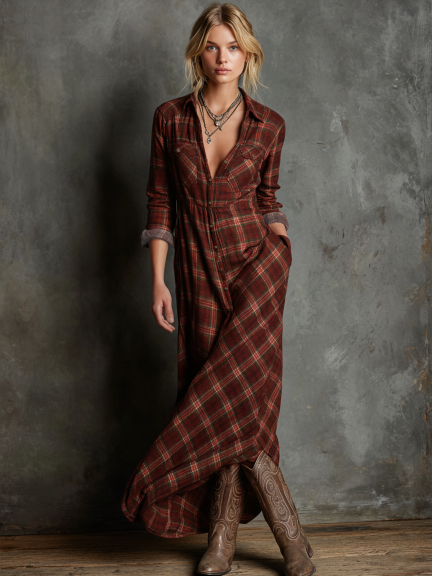 Chic Plaid Maxi Dress | Women's Dress with Lapel Collar & Flowy Silhouette for Elegant Casual Outings 3