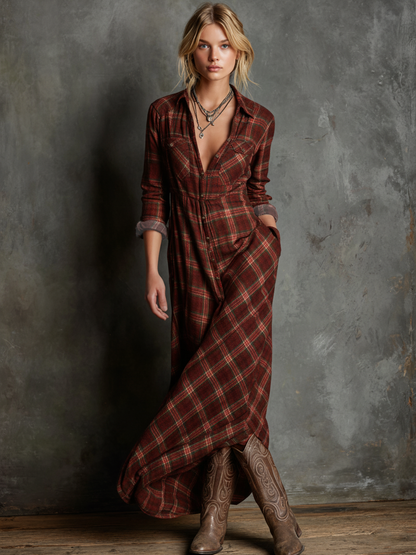 Chic Plaid Maxi Dress | Women's Dress with Lapel Collar & Flowy Silhouette for Elegant Casual Outings 3