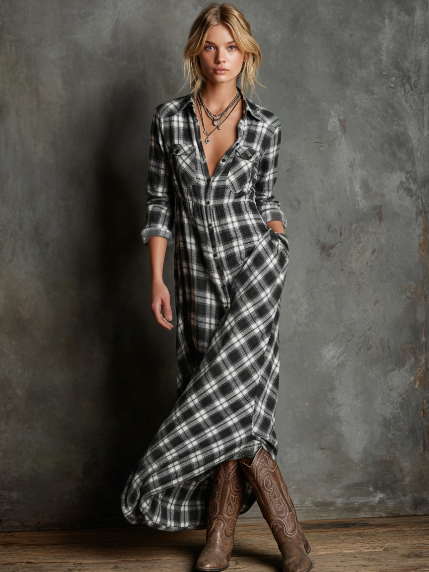 Chic Plaid Maxi Dress | Women's Dress with Lapel Collar & Flowy Silhouette for Elegant Casual Outings 5