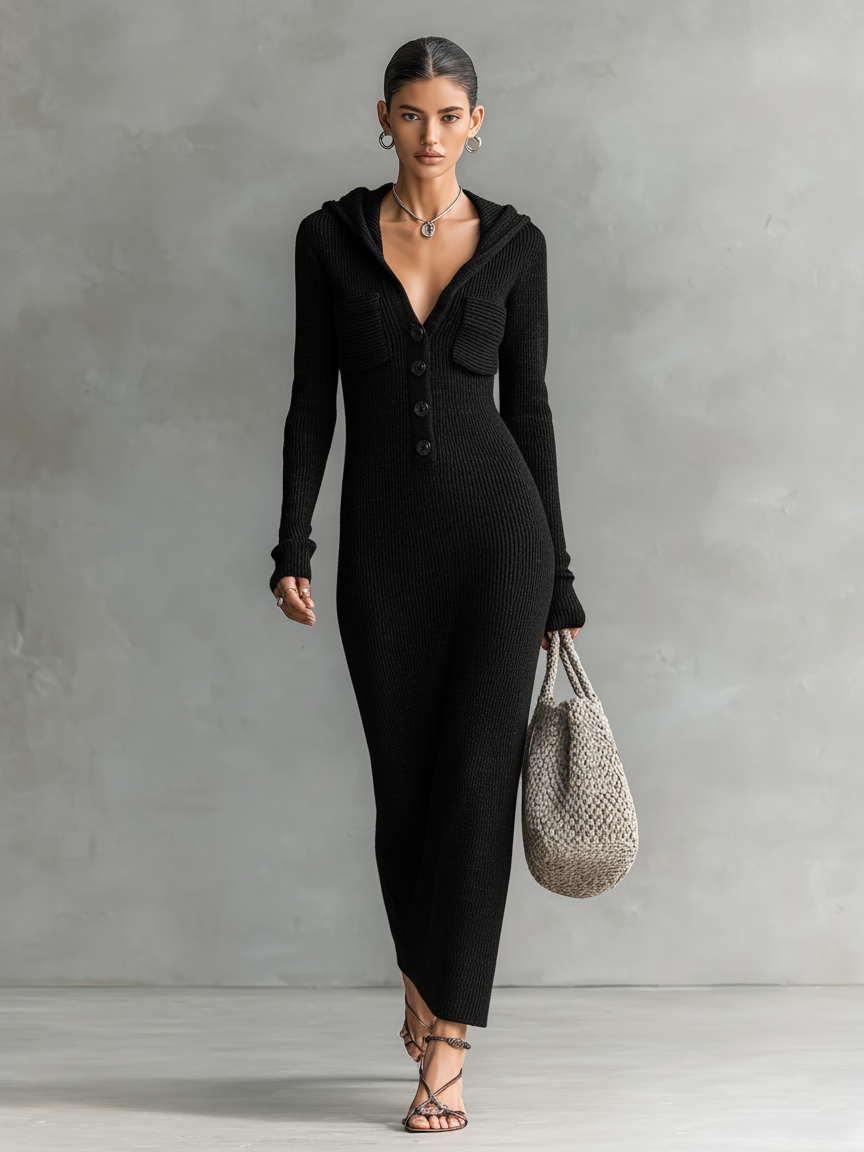 Chic Hooded Maxi Dress | Women's Slim-Fit Knitted Dress with Cozy Hood | Versatile Casual Elegance for All-Day Comfort 6